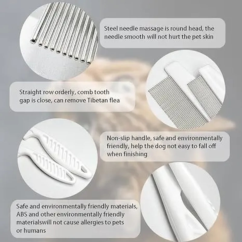 2-Pack Multifunctional Pet Comb Set, Enhanced Grooming Brush for Tear Stain Removal, Fine-Tooth Stainless Steel Massage Comb Kit for Small Dogs and Puppies (White)